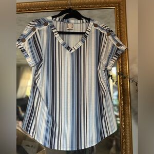 Blue and White Flutter Sleeve Boxy Blouse